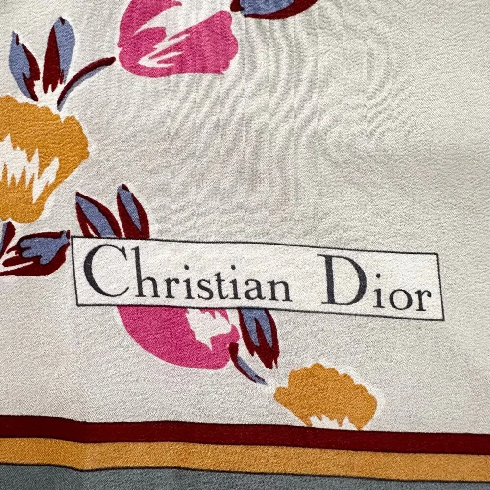 Christian Dior Vintage Grey Square Border Floral Diagonal Grid Silk Scarf Read